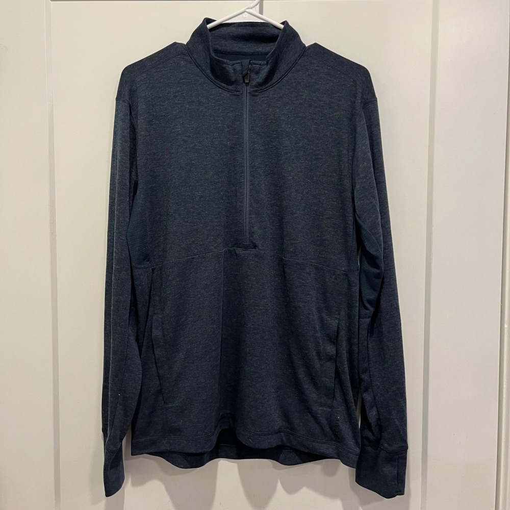 Prana Mens Quarter Zip Pullover Navy Blue Heather Wool Blend Active Top Large